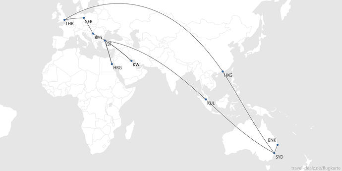 Flightmap BER-BEG-IST-KWI-IST-HRG-IST-KUL-SYD BNK-SYD-HKG-LHR-BER