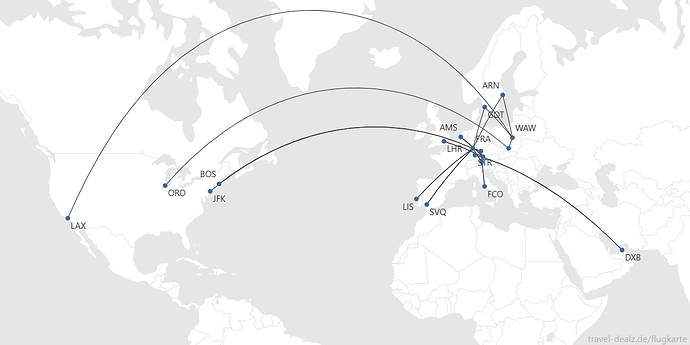 Flightmap nue-fra-lis-fra-nue muc-ams-muc_nue-fra-inn-fra-nue_fra-got-waw-krk-ord_lax-waw-arn-fra_muc-lhr-muc_nue-fco-nue_fra-bos_jfk-fra_str-dxb-str_nue-fra-svq-fra-nue_