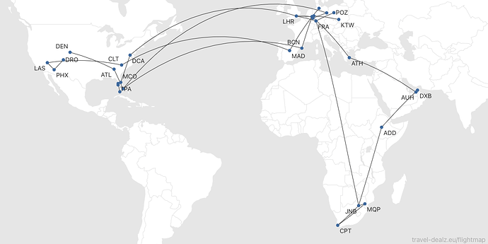 Flightmap DTM-ktw  dus-ath-auh, dxb-add-jnb-cpt-mqp-jnb-Fra, dus-mad-clt-las-phx-dro, den-atl-mia-ber-cgn, dus-Lhr-Fra, poz-Fra, ham-dus-bcn-mia, eyw-Tpa, Mco-Srq, mco-dca-Lhr-dus  2