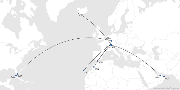 Flightmap BSL-RAK FRA-MIA_BSL-AGP_ZRH-KEF_ZRH-AUH-MCT_BSL-SPC_EYW-EYW