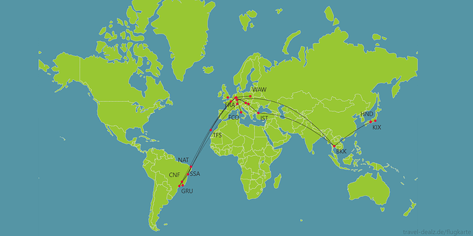 Flightmap LHR-DUS DTM-FCO-DTM_DUS-TFS-DUS_VIE-IST-BKK-IST-VIE-DUS_DUS-CDG-GRU-GIG-CNF-SSA-GRU-ZRH-DUS_DUS-WAW-DUS_DUS-BUD-DUS_FRA-BKK-KIX-BKK-FRA_ITM-HND_DUS-CDG-SSA-CDG-DUS_SSA-NAT-SSA